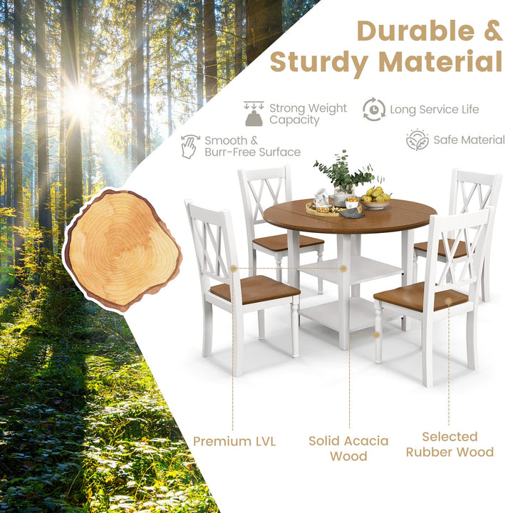 Giantex Dining Table Set for 4 w/Drop Leaf Round Kitchen Table &amp; 4 Chairs, Dining Room Table w/Storage
