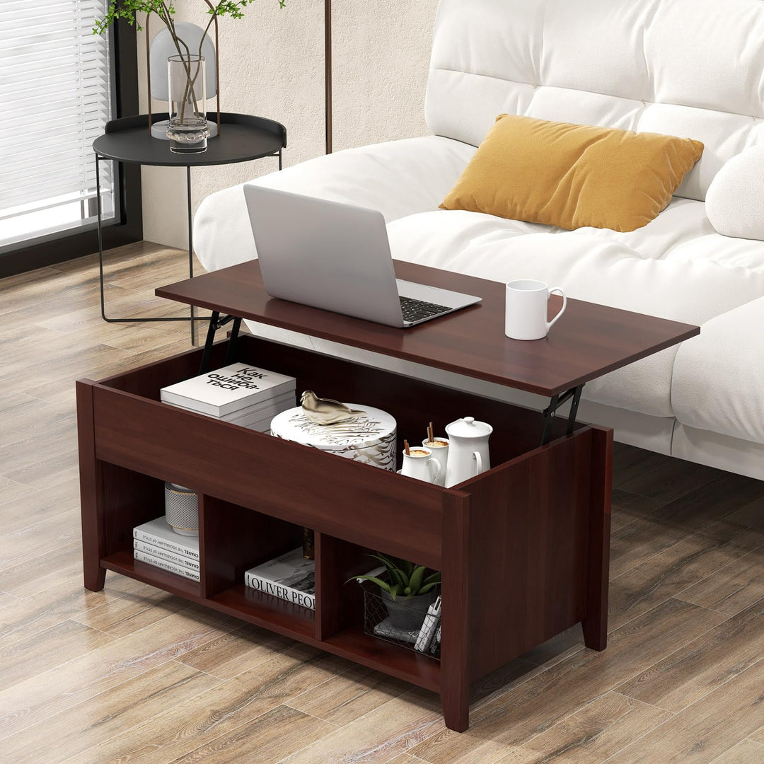 Giantex Lift Top Coffee Table - Rectangular Wooden Table w/Hidden Compartment &amp; Open Storage Shelves