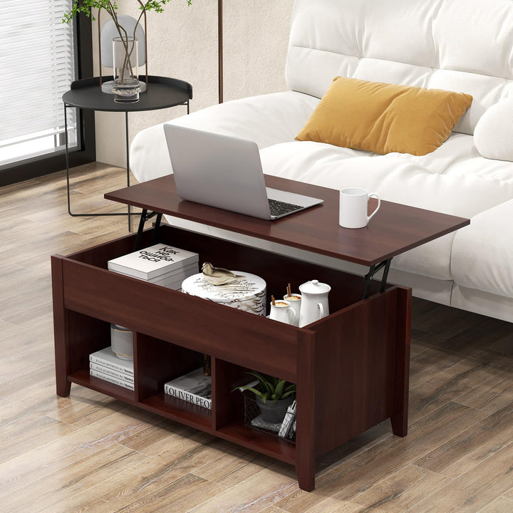 Giantex Lift Top Coffee Table - Rectangular Wooden Table w/Hidden Compartment &amp; Open Storage Shelves