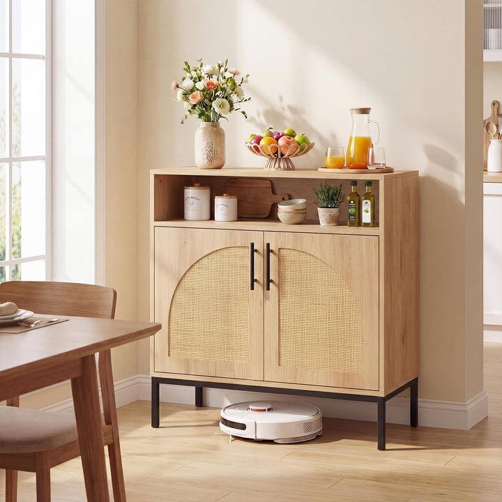 Giantex 32" Sideboard Buffet Cabinet with 2 Natural Rattan Decorated Doors (1/2)