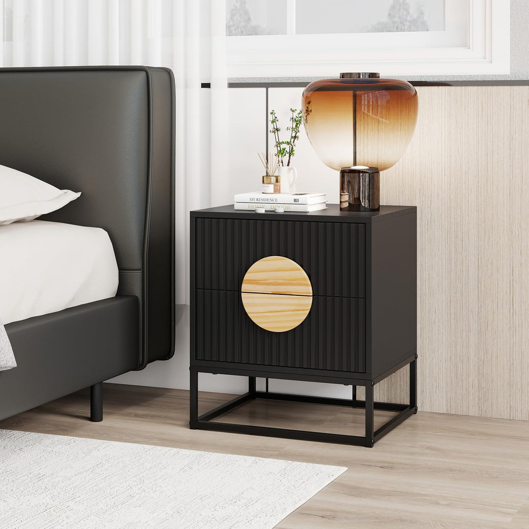 Giantex Fluted Nightstand with 2 Drawers with Natural Circle Handle &amp; Metal Frame