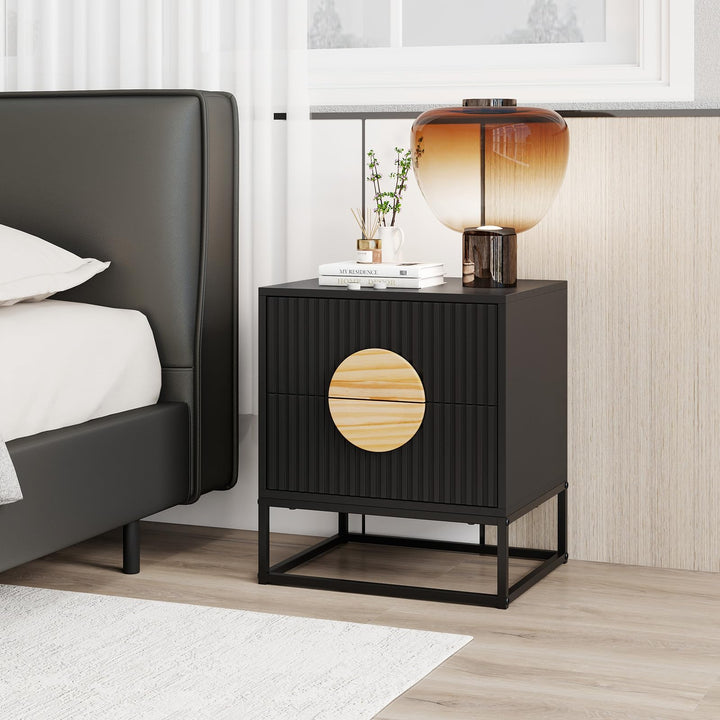 Giantex Fluted Nightstand with 2 Drawers with Natural Circle Handle &amp; Metal Frame