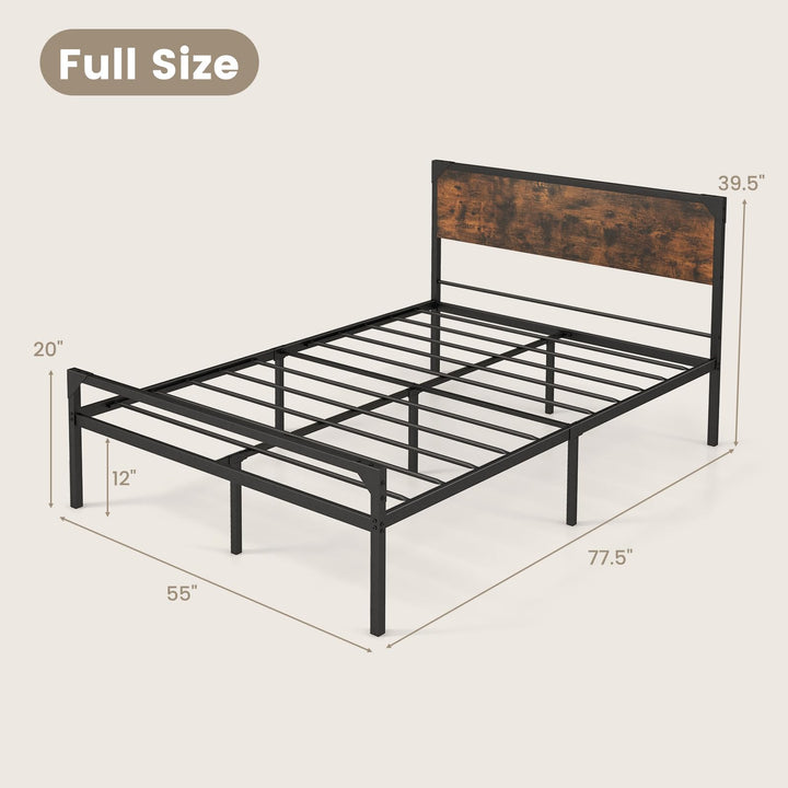 Giantex Full Size Bed Frame with Rustic Headboard &amp; Footboard, Strong Metal Slat Support Mattress Foundation
