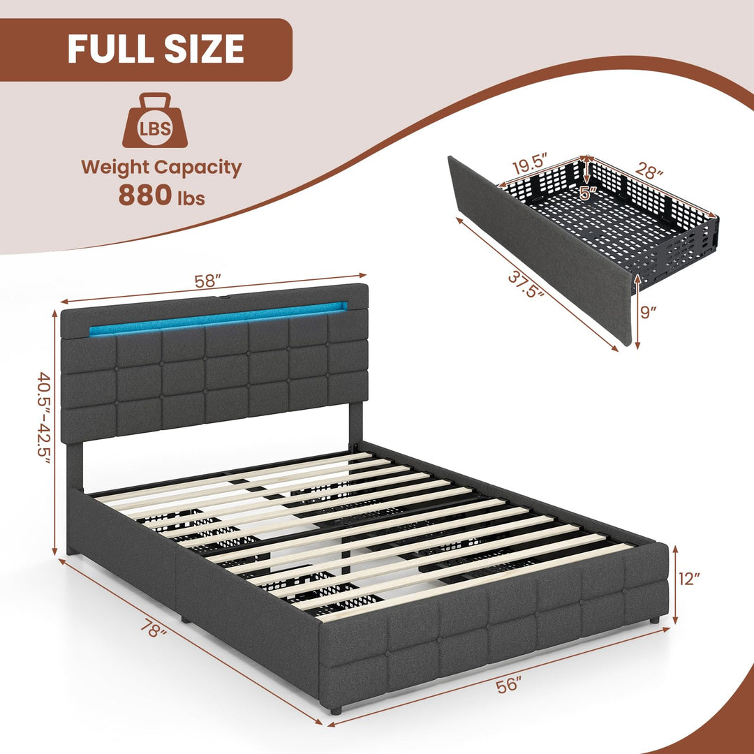 Giantex Full/Twin Size Bed Frame with LED Lights and 4 Drawers
