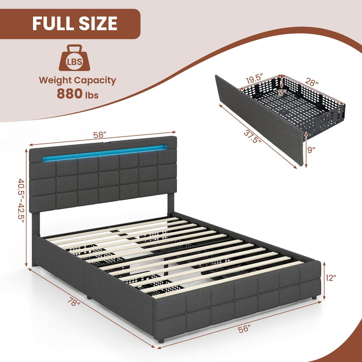 Giantex Full/Twin Size Bed Frame with LED Lights and 4 Drawers