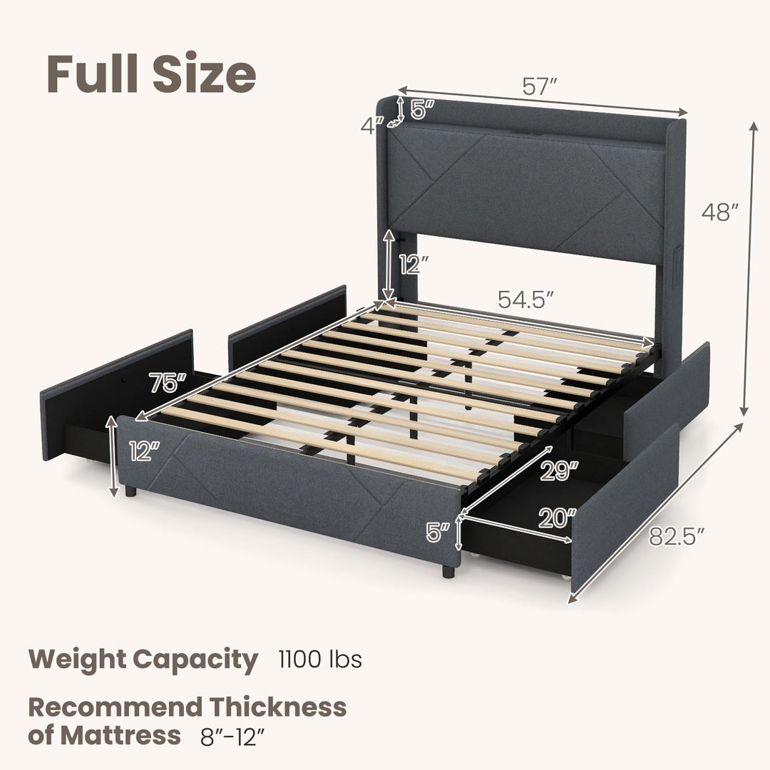Giantex Full/Queen Size Bed Frame with 4 Storage Drawers &amp; LED Lights, Headboard &amp; Charging Station, Wooden Slats, Easy Assembly, Grey