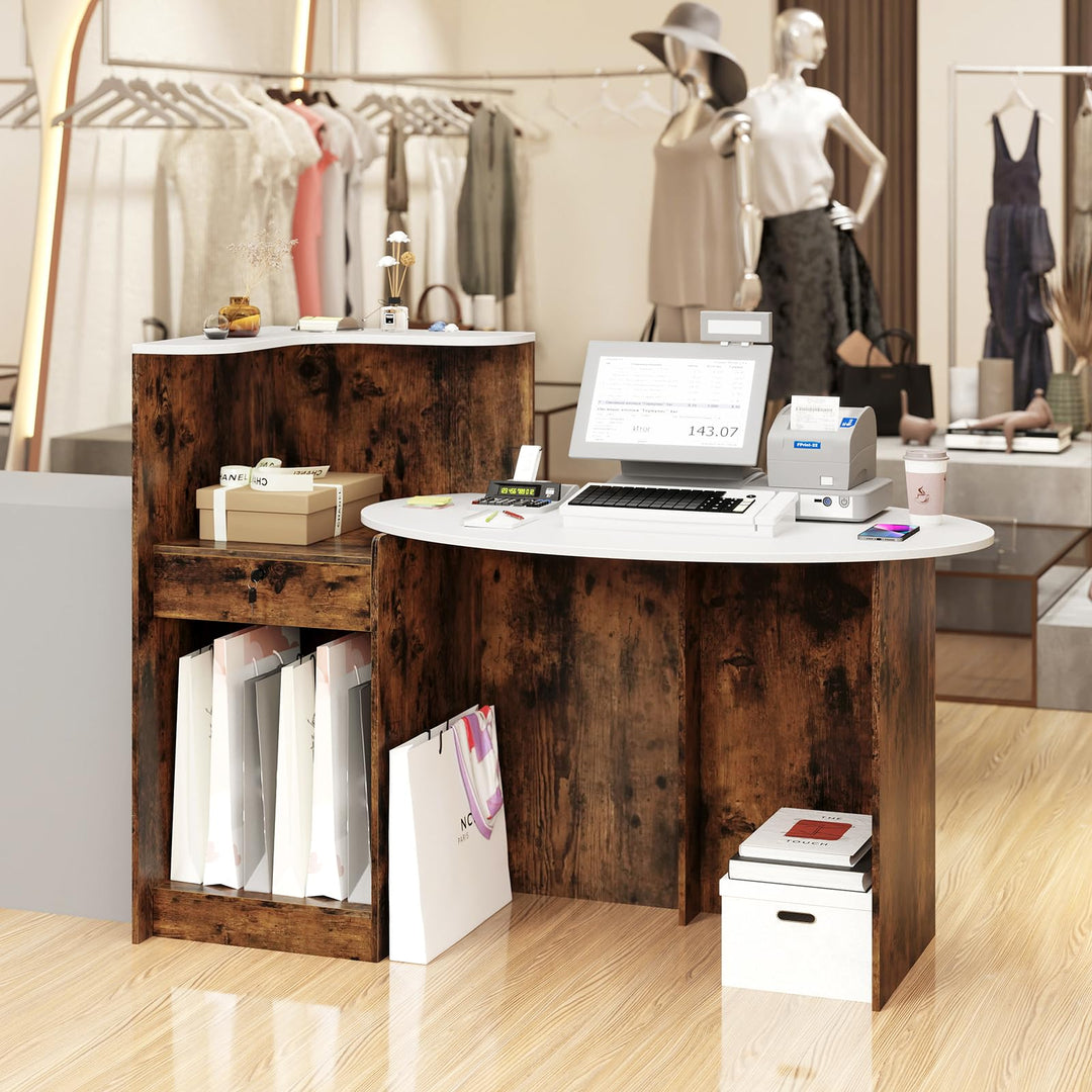 Giantex Reception Desk, Front Counter Desk with Lockable Drawer, Oval Tabletop &amp; Adjustable Shelf
