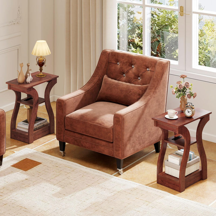 Giantex End Tables with Charging Station Set of 2 Narrow Sofa Side Tables with Open Storage Shelves