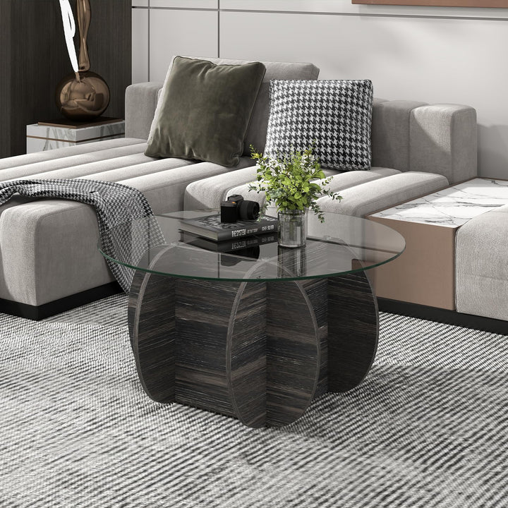 Giantex 35" Glass Round Coffee Table with Storage Tempered Glass Top &amp; Solid Wood Base