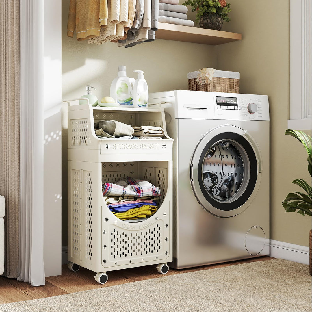 Giantex 3-Tier Rolling Laundry Cart with wheels Folding Laundry Basket with 2 Baskets