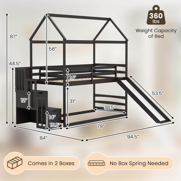 Giantex House Bunk Bed Twin Over Twin with Slide and Storage Stairs, Solid Wood Low Loft Bed Frame with Roof &amp; Guardrail