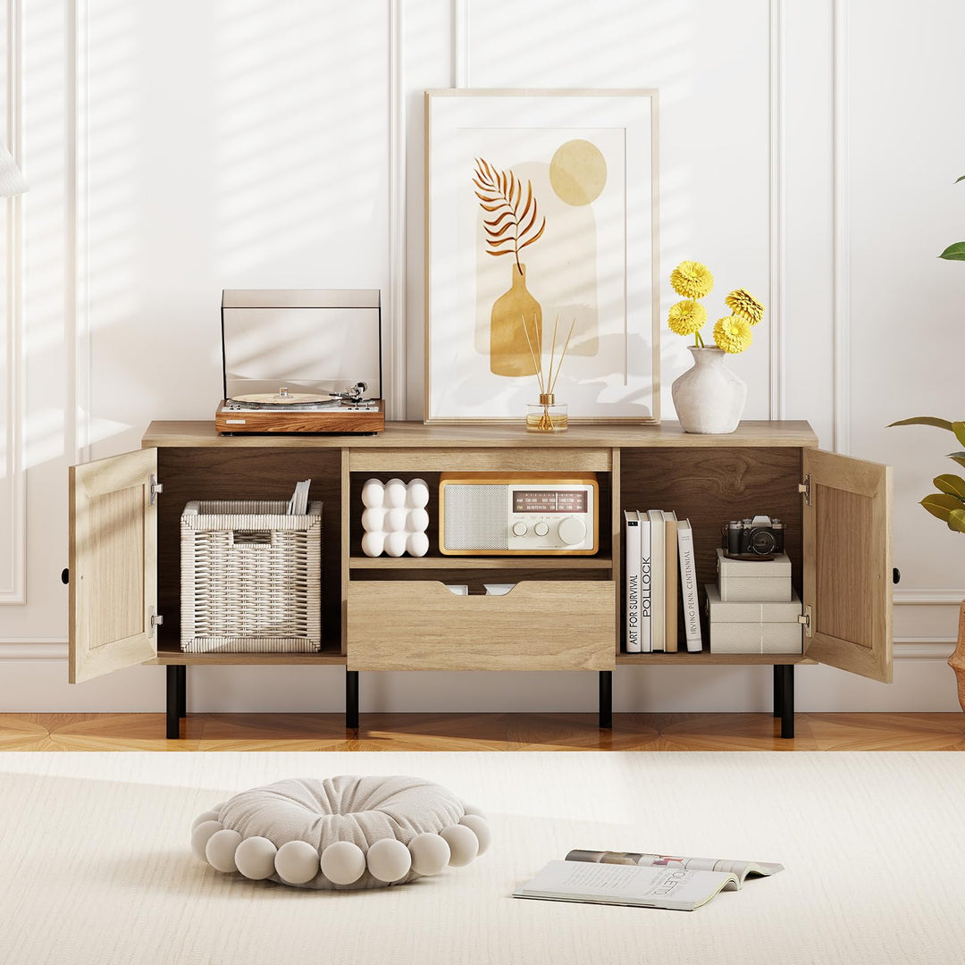 Giantex Boho TV Stand for 50-60 Inch TV with Storage Cabinets Drawer &amp; PE Rattan Doors