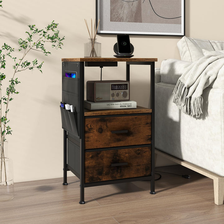 Giantex Nightstand with Charging Station, Industrial Bedside Table with 2 Fabric Drawers &amp; 6 Storage Pockets