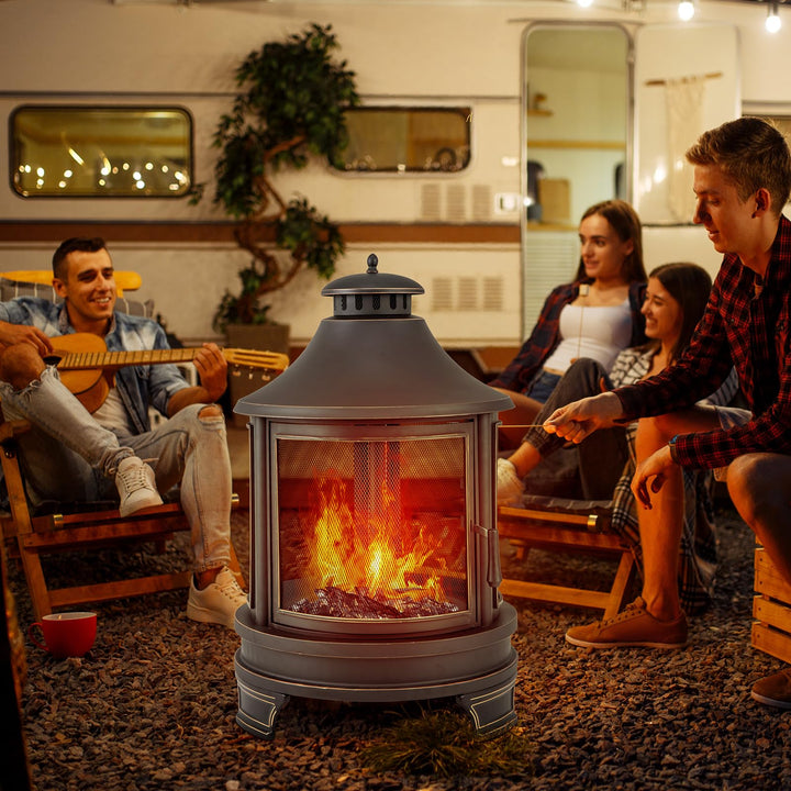 Giantex 2 in 1 Outdoor Fire Pit with Grill, 30 Inch Metal Chiminea, Wood Burning Fireplace with Chimney