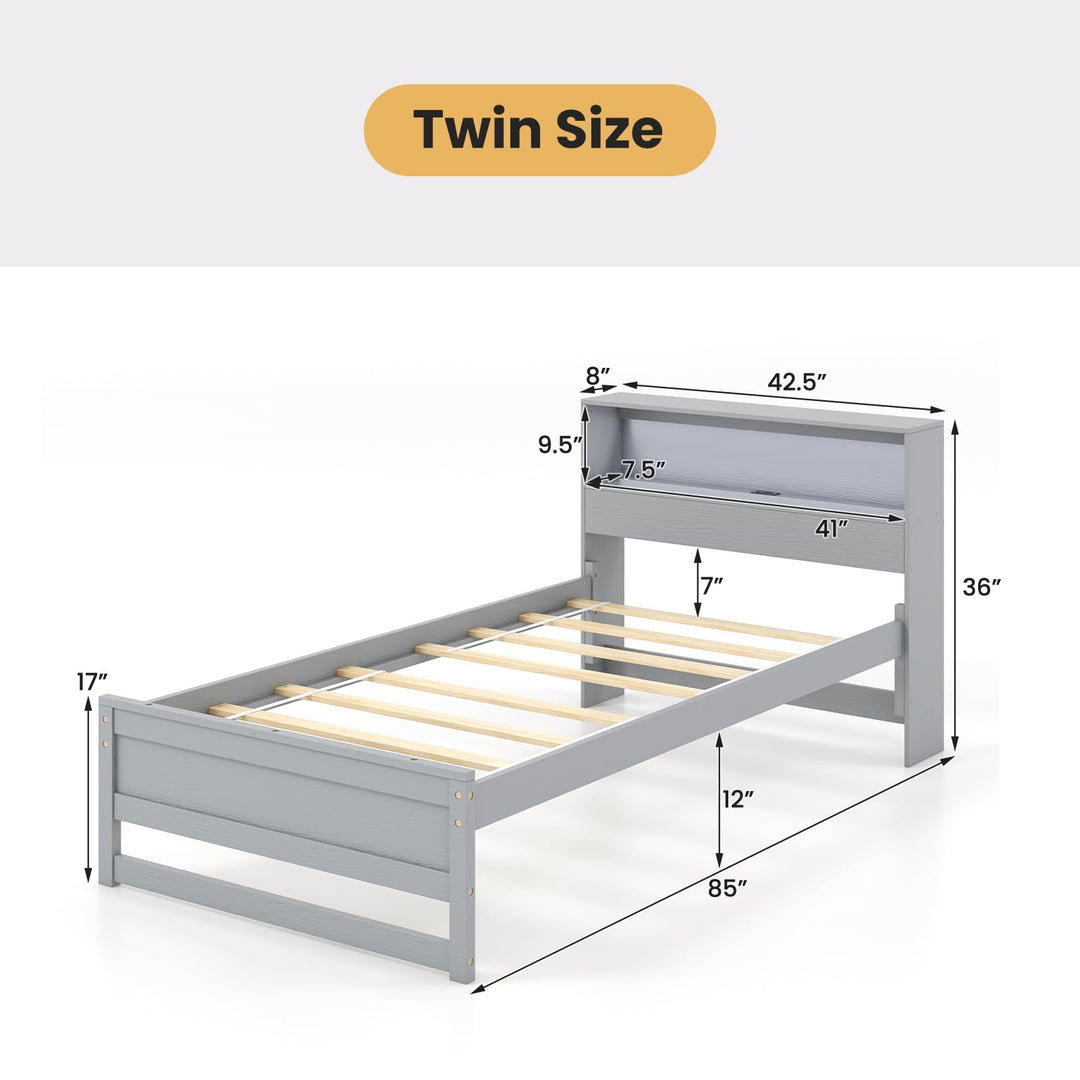 Giantex Twin Bed Frames with Storage Headboard, Wood Platform Bed with Charging Station &amp; LED Light