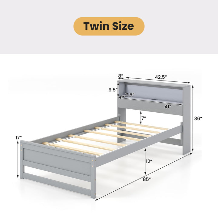 Giantex Twin Bed Frames with Storage Headboard, Wood Platform Bed with Charging Station &amp; LED Light