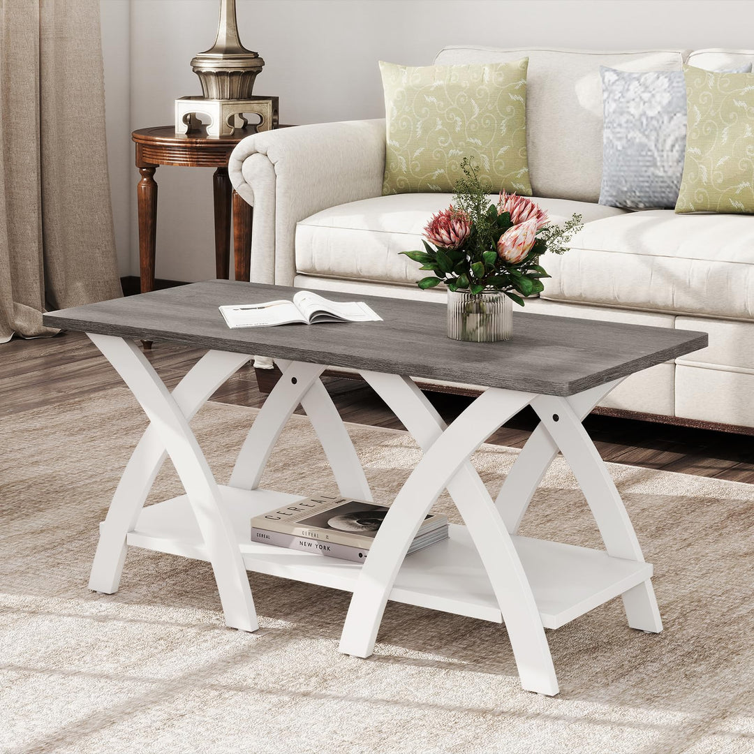 Giantex Farmhouse Coffee Table 2-Tier Wood Center Table with Storage Shelf &amp; X-Shaped Support Legs