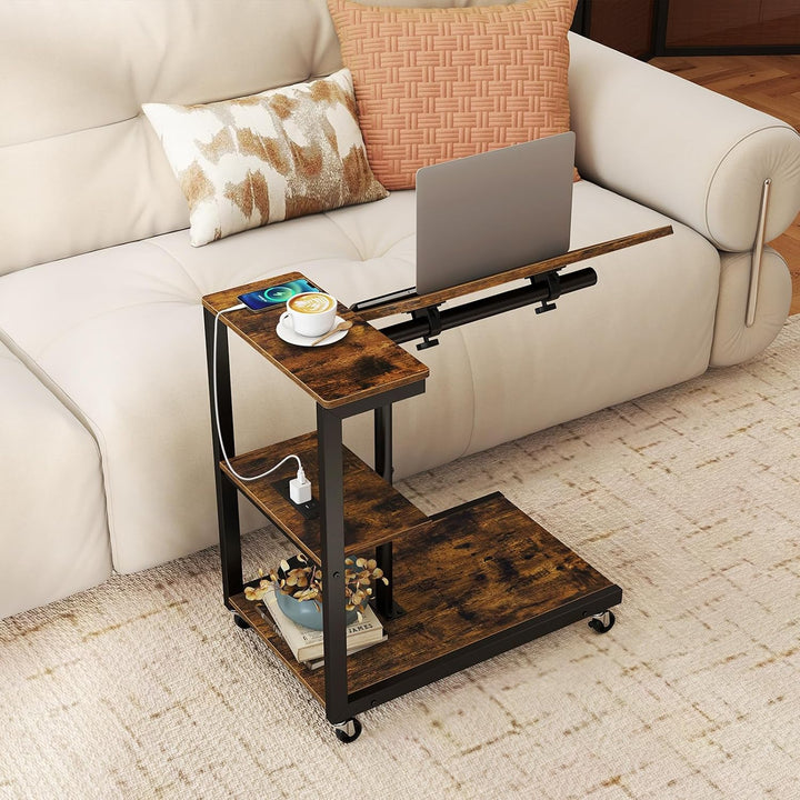 Giantex C Shaped End Table Set 2 w/Charging Station Tiltable Tabletop Wheel