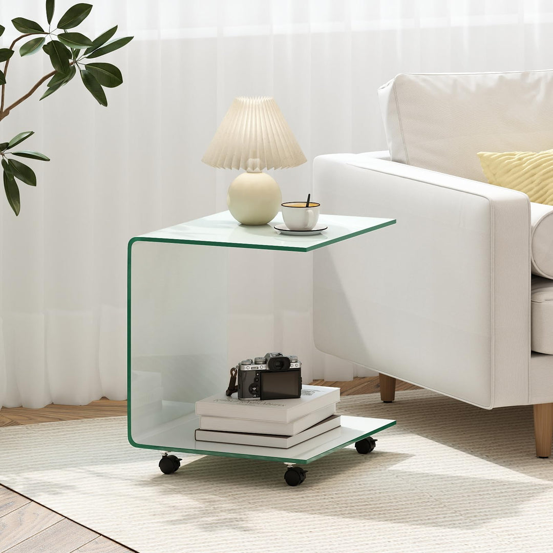 Giantex C-Shaped End Table with Wheels - Mobile Tempered Glass Sofa Couch Side Table w/2-Tier Storage Shelf