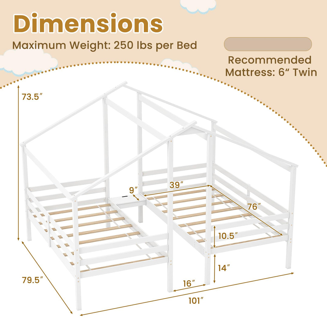 Giantex Double Twin Bed Frames for Kids, Wood House Shaped Platform with Built-in Nightstand &amp; USB Port