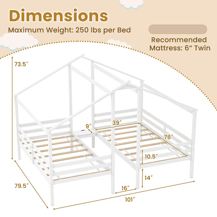 Giantex Double Twin Bed Frames for Kids, Wood House Shaped Platform with Built-in Nightstand &amp; USB Port