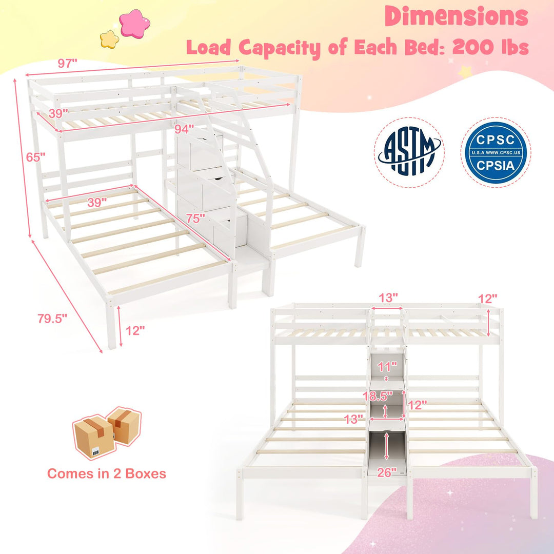 Giantex Twin Over Twin &amp; Twin Bunk Bed, Triple Bunk Beds with 4-Step Storage Stair, Wooden 3 Bunk Beds for Kids Teens