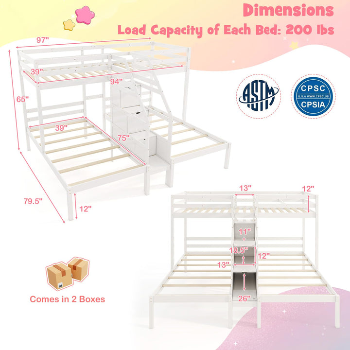 Giantex Twin Over Twin &amp; Twin Bunk Bed, Triple Bunk Beds with 4-Step Storage Stair, Wooden 3 Bunk Beds for Kids Teens