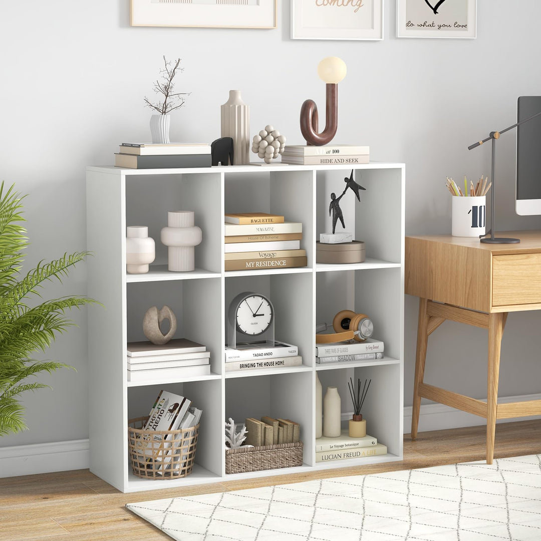 Giantex 9-Cube Bookcase, White Cubby Bookshelf w/Back Guardrail &amp; Anti-Tipping Kits
