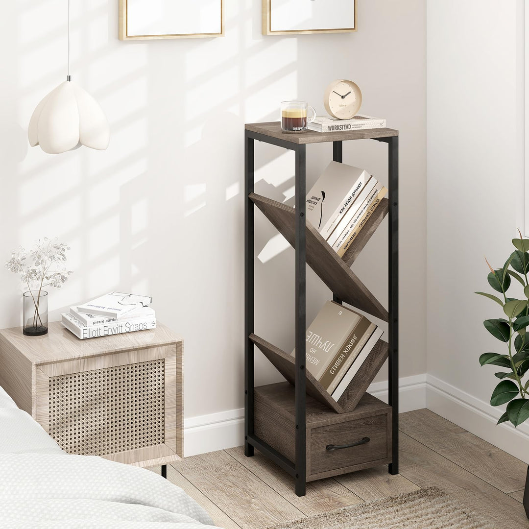 Giantex Tree Bookshelf with Drawer, 4-Tier Narrow Bookcase with Metal Frame, Tall Floor Standing Storage Organizer for Small Space