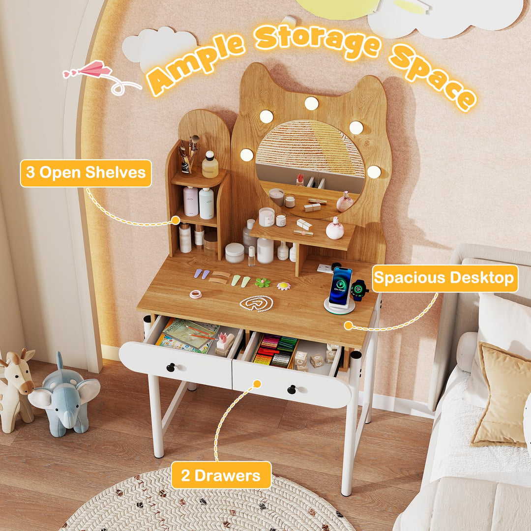 CHARMAID Small Vanity Desk with Mirror and Lights Cute Kitty Makeup Table with Power Outlets