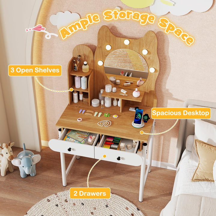 CHARMAID Small Vanity Desk with Mirror and Lights Cute Kitty Makeup Table with Power Outlets