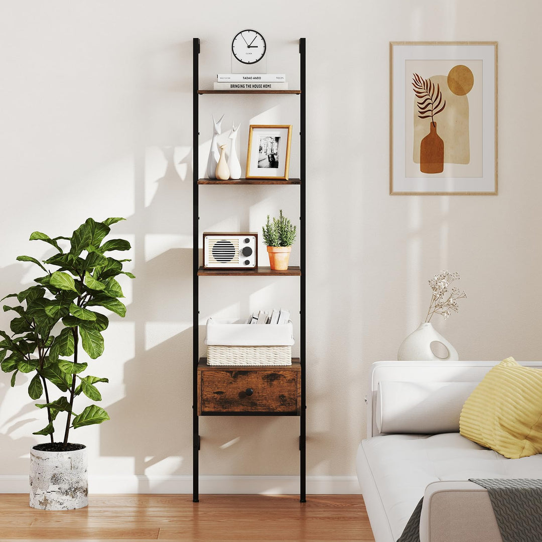 Giantex 5-Tier Ladder Bookcase with Drawer 70" Tall Wall-Mounted Bookshelf with Metal Frame