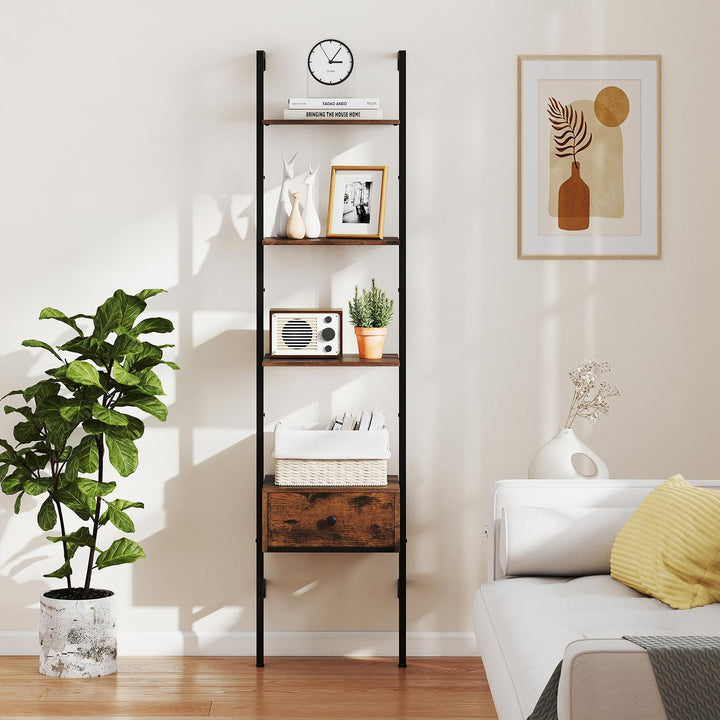 Giantex 5-Tier Ladder Bookcase with Drawer 70" Tall Wall-Mounted Bookshelf with Metal Frame