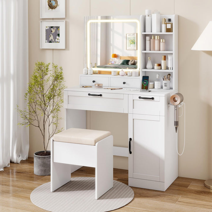 CHARMAID Vanity Desk with Lighted Mirror with Charging Station Storage Stool Drawers Shelves &amp; Cabinet