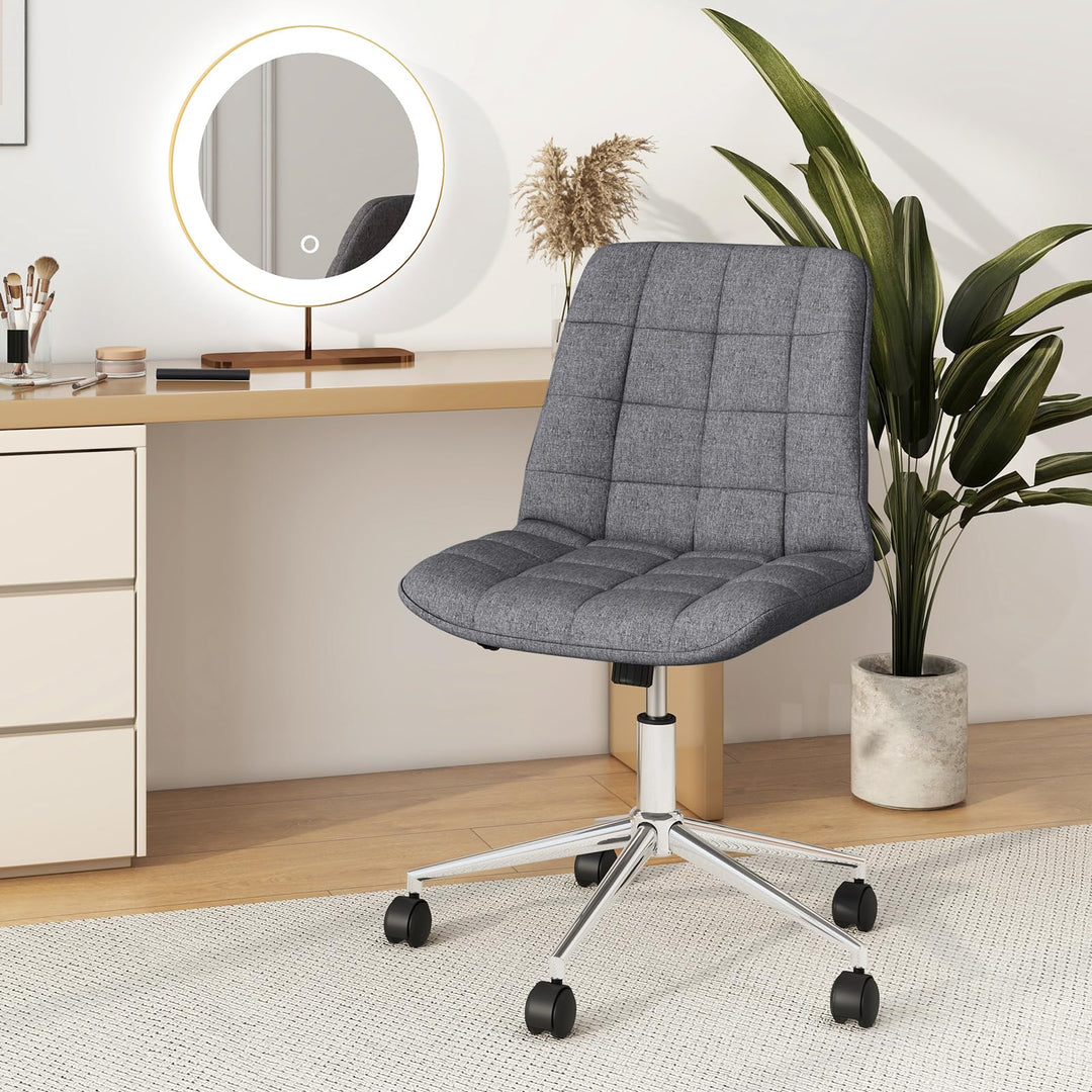 Giantex Armless Office Chair, Linen Fabric Vanity Chair with Wheels &amp; Adjustable Height, 360° Rolling Swivel Task Computer Chair