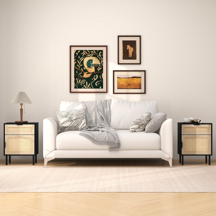 Giantex Rattan Nightstand Set of 2, Mid Century Modern End Table with Drawer &amp; Cabinet, Sofa Side Table with Sturdy Metal Legs