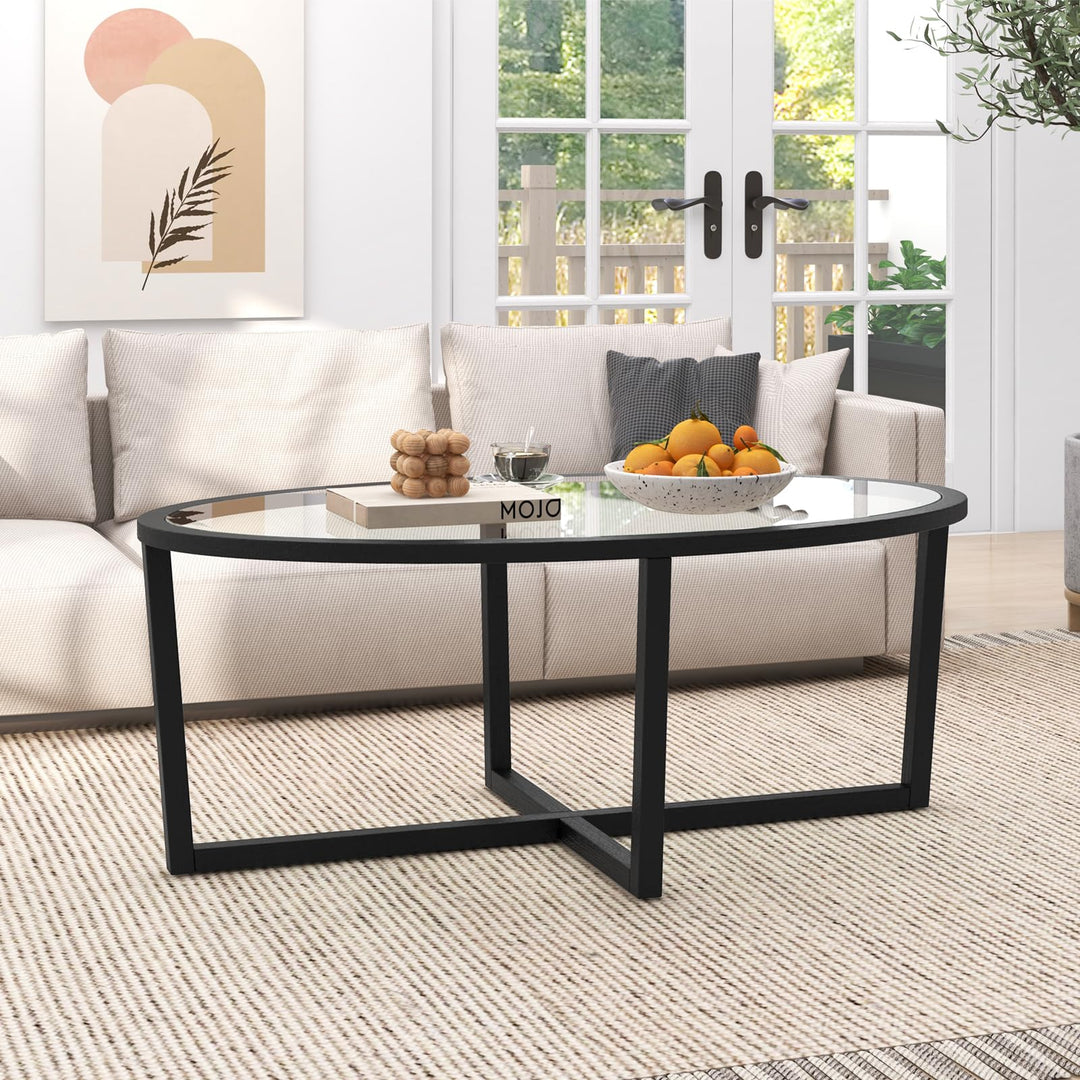 Giantex Glass Coffee Table, 46.5" Oval Accent Sofa Tea Table with Tempered Glass Top, Cross Base &amp; Acacia Wood Legs