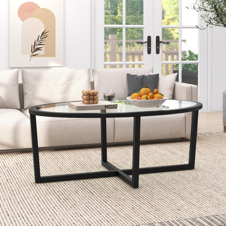 Giantex Glass Coffee Table, 46.5" Oval Accent Sofa Tea Table with Tempered Glass Top, Cross Base &amp; Acacia Wood Legs