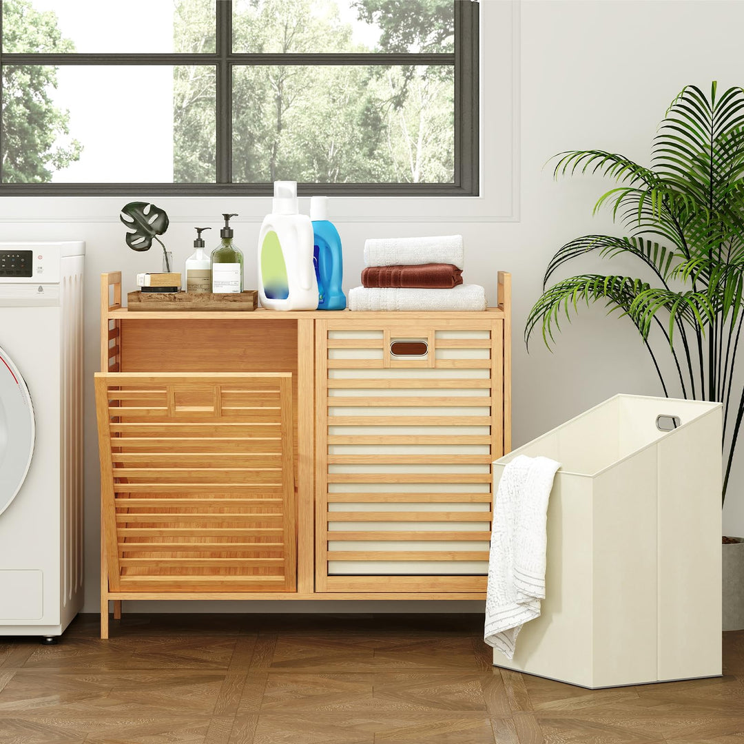 Giantex 20 Gal Bamboo Tilt Out Laundry Hamper with 2 Removable &amp; Foldable Fabric Bins