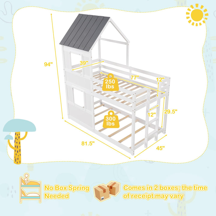 Giantex House Bunk Bed Twin Over Twin, Solid Wood Floor Bunk Bed with Built in Ladder, Window &amp; Safety Guardrail