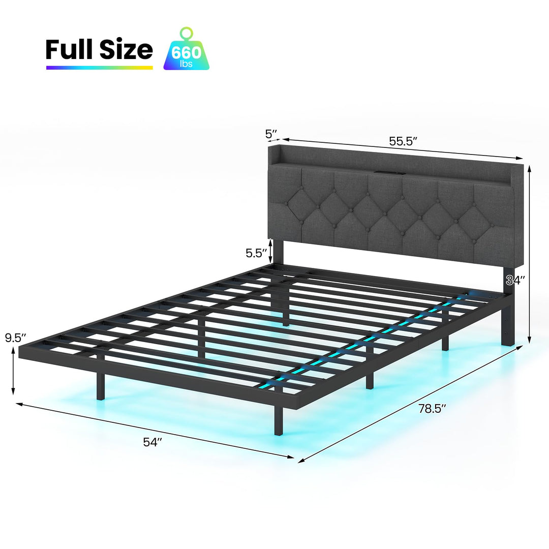 Giantex Queen/Full Size Floating Bed Frame with LED Lights, Modern Platform Bed with Adjustable Upholstered Headboard &amp; Charging Station