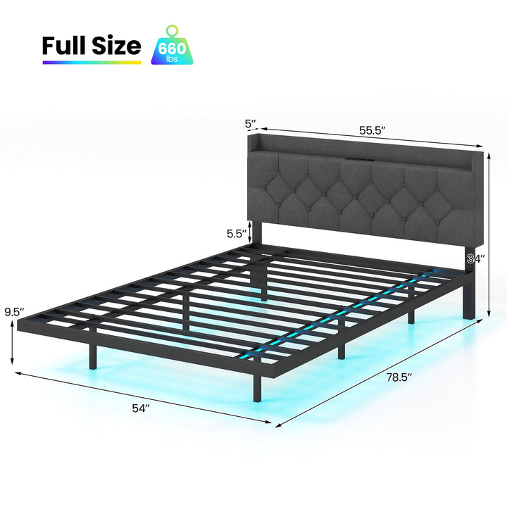 Giantex Queen/Full Size Floating Bed Frame with LED Lights, Modern Platform Bed with Adjustable Upholstered Headboard &amp; Charging Station