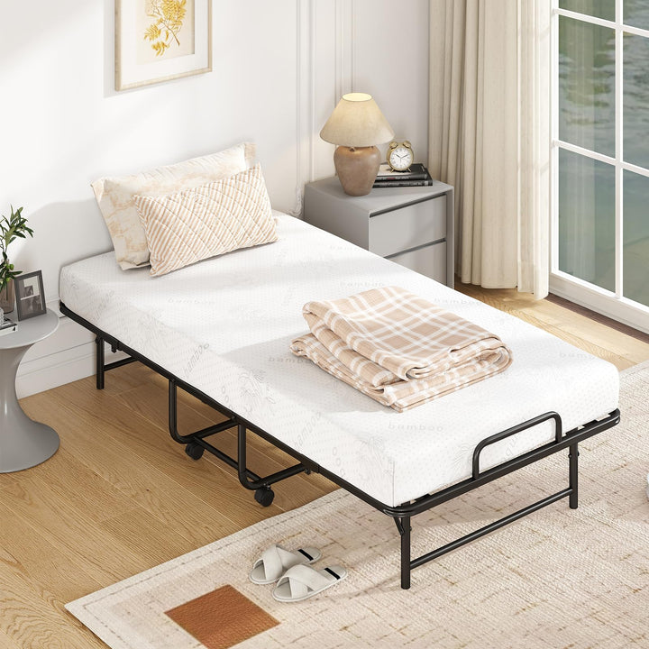 Giantex Twin Folding Bed Frame with 5 Inch Mattress, Portable Rollaway Guest Bed, 75" x 38"