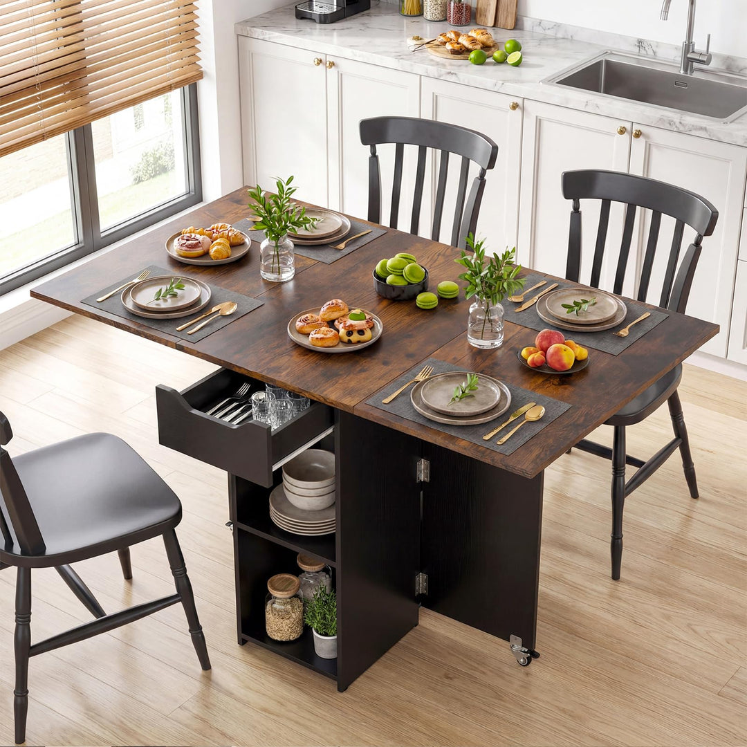 Giantex 47.5" Folding Dining Table | Drop Leaf Wooden Dinner Table with 2-Tier Storage Shelf and Drawer