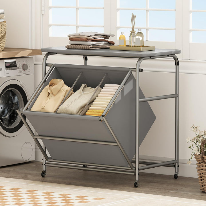 Giantex Laundry Sorter with Foldable Ironing Board 3 Section Tilt Out Laundry Hamper with Removable Bags