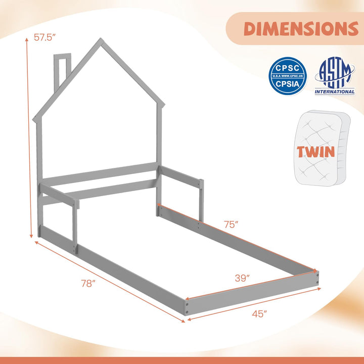 Giantex Twin Floor Bed for Kids, Wood Montessori Floor Bed with Chimney Headboard &amp; Handrail
