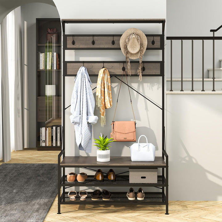 Giantex Freestanding Hall Tree with Shoe Storage Rack and 11 Hanging Hooks