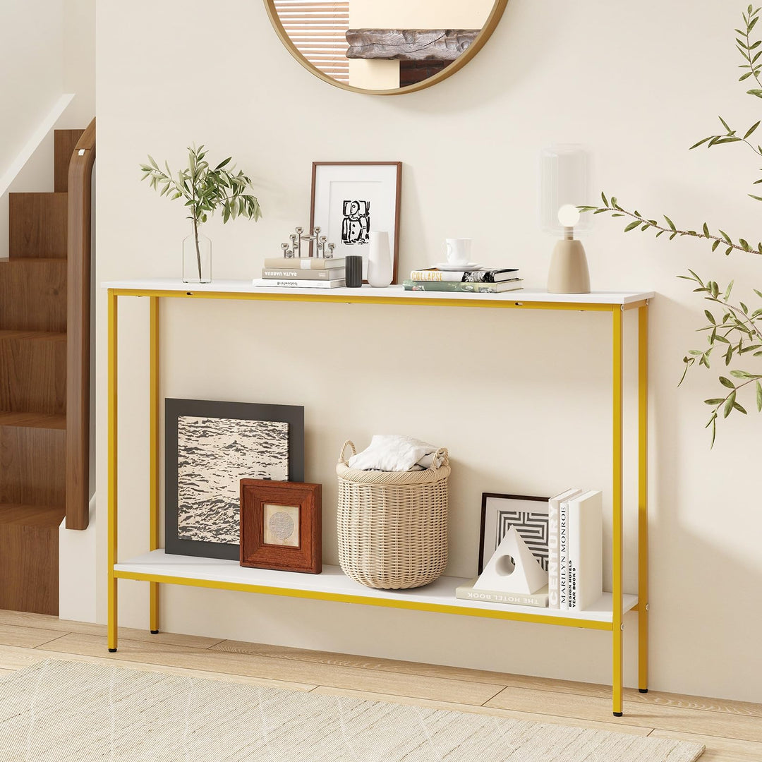 Giantex Gold Console Table with Shelf, 44" Narrow Entryway Table w/Dual Anti-Tipping Kits &amp; Golden Metal Frame