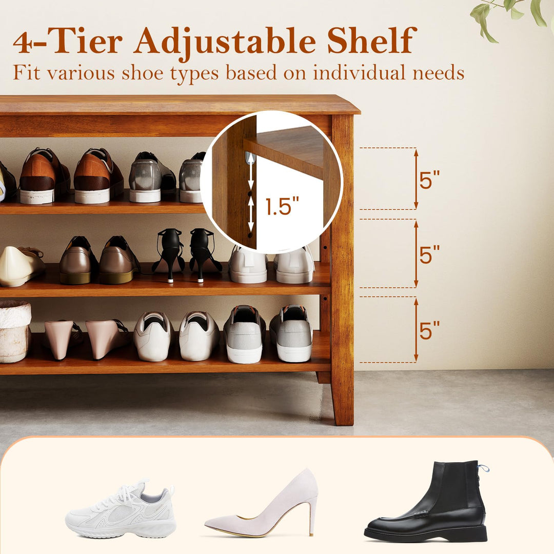 Giantex 4-Tier Rubber Wood Shoe Rack Bench with Adjustable Shelves