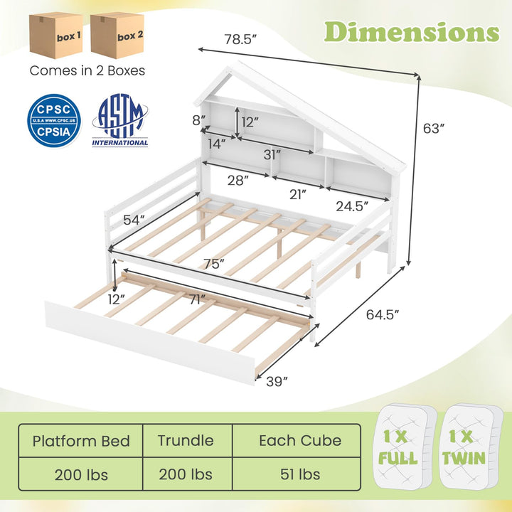 Giantex Full House Bed with Twin Trundle, Wood Daybed with 5 Cube Storage Bookcase &amp; Headboard